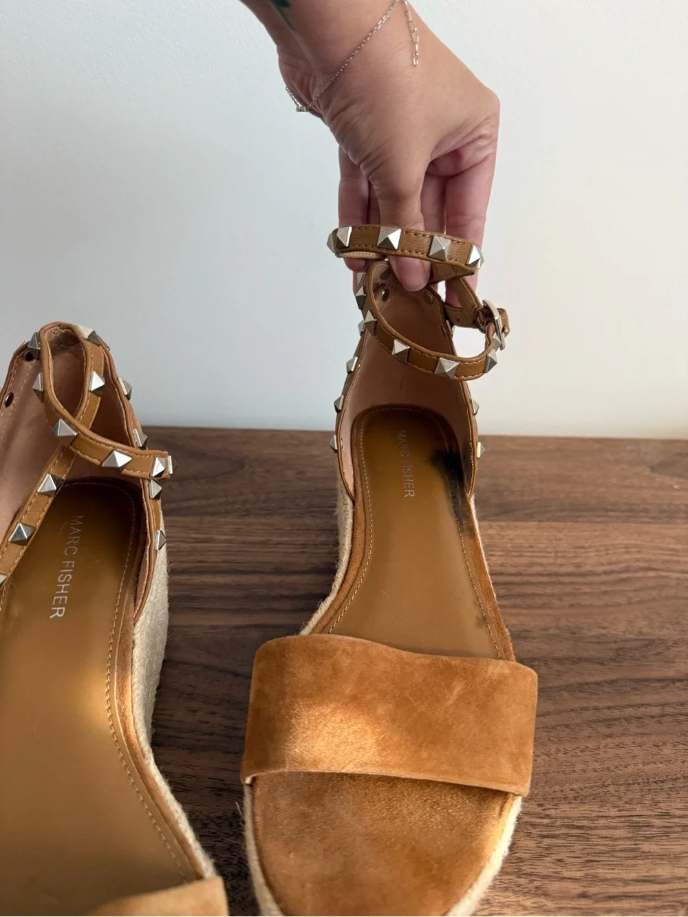 Marc Fisher Tan Suede Studded Ankle-Strap Espadrille Wedges